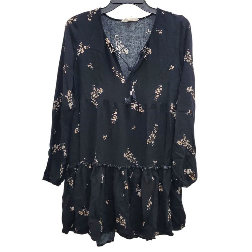 Lovestitch Women's Black Tan Floral Long Sleeve Drop Waist Boho Festival Dress M